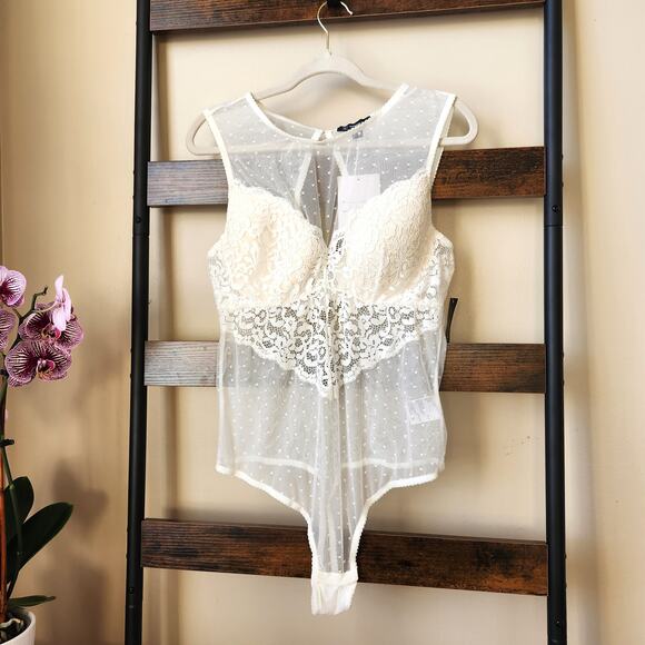 INC International Concepts Women White Cupped Swiss Dot Thong Bodysuit Size XL - Picture 1 of 5